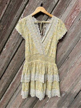 American Eagle Yellow Floral Eyelet Lace Mini Dress Cotton Linen Cottagecore M